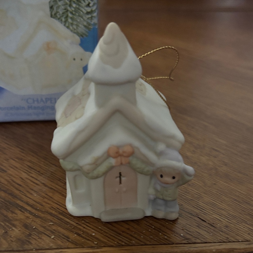 Enesco Cream and pink sugar town Holiday Chapel Ornament